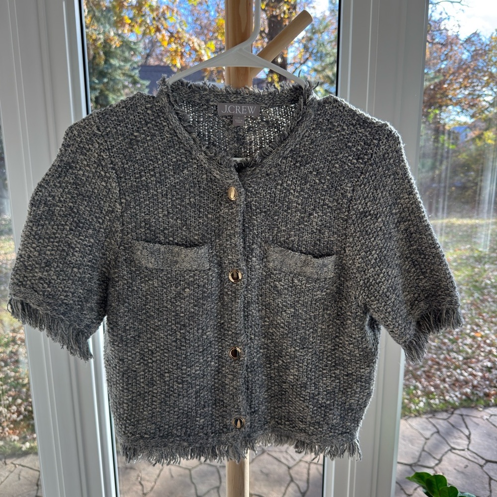J.Crew Cropped Fringe-Trim Lady Jacket Marled Yarn Size S — Grey/ Ivory - Picture 2 of 4